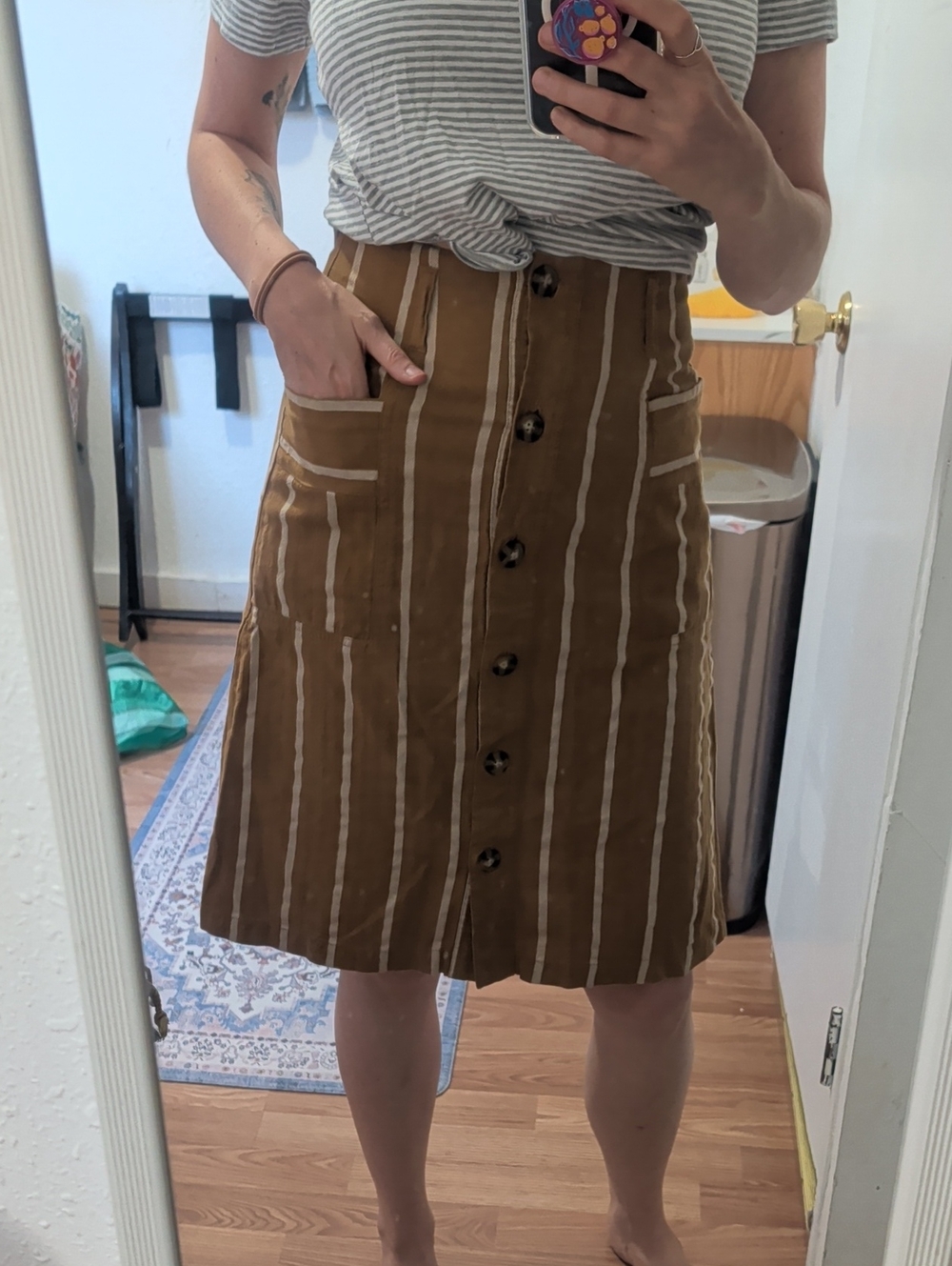 Striped Brown Midi Button-Front Skirt with Pockets